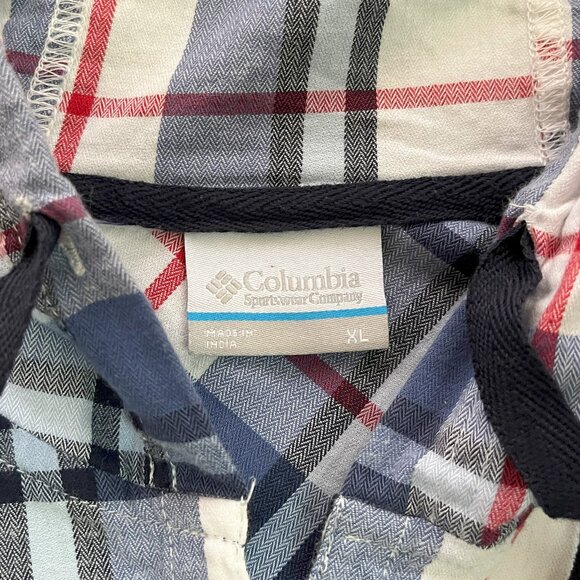 Columbia Flannel Womens XL Red White Blue Plaid Drawstring Button Up Hoodie - Picture 7 of 13